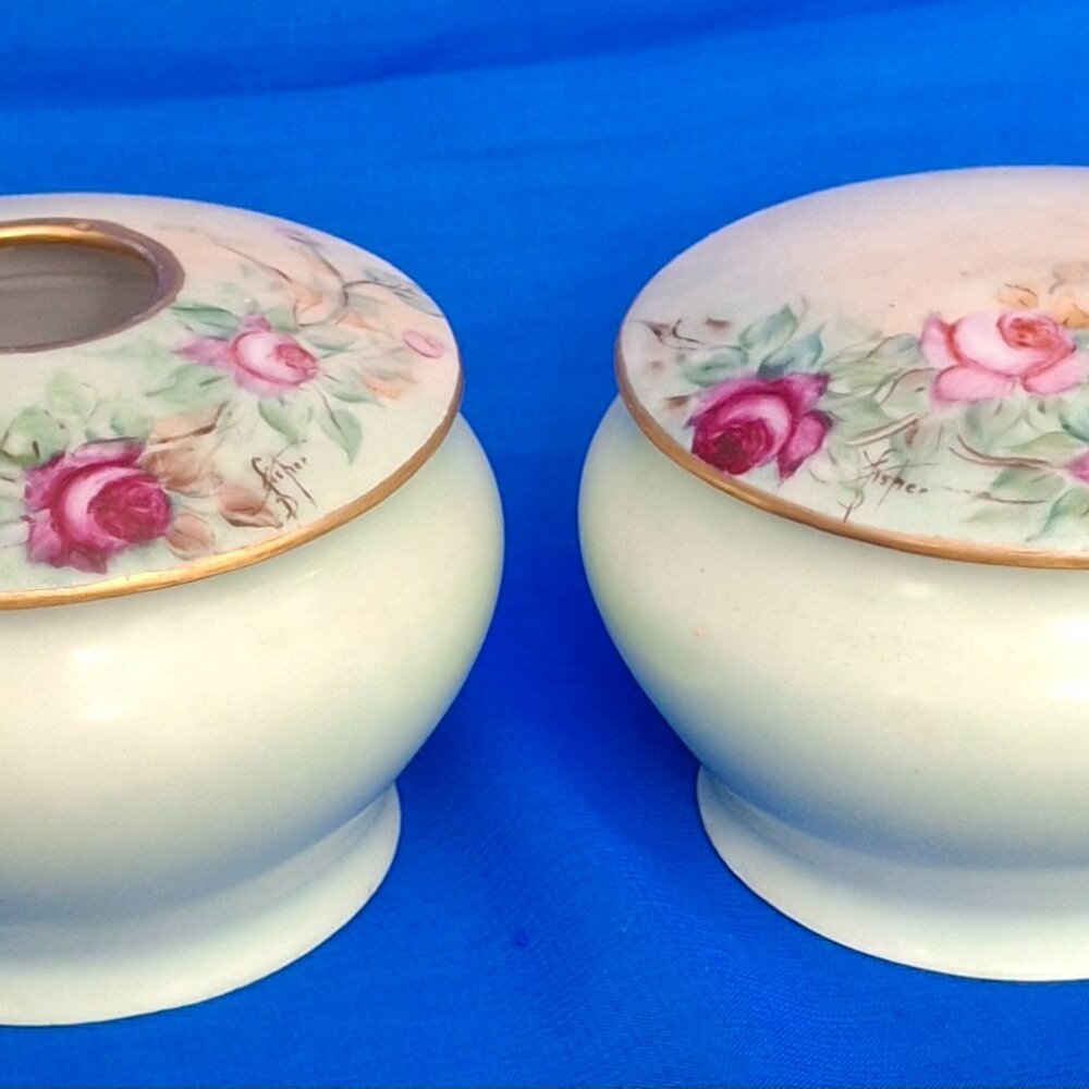 Antique Weimar Hand-Painted Porcelain Powder Jar & Hair Receiver Set